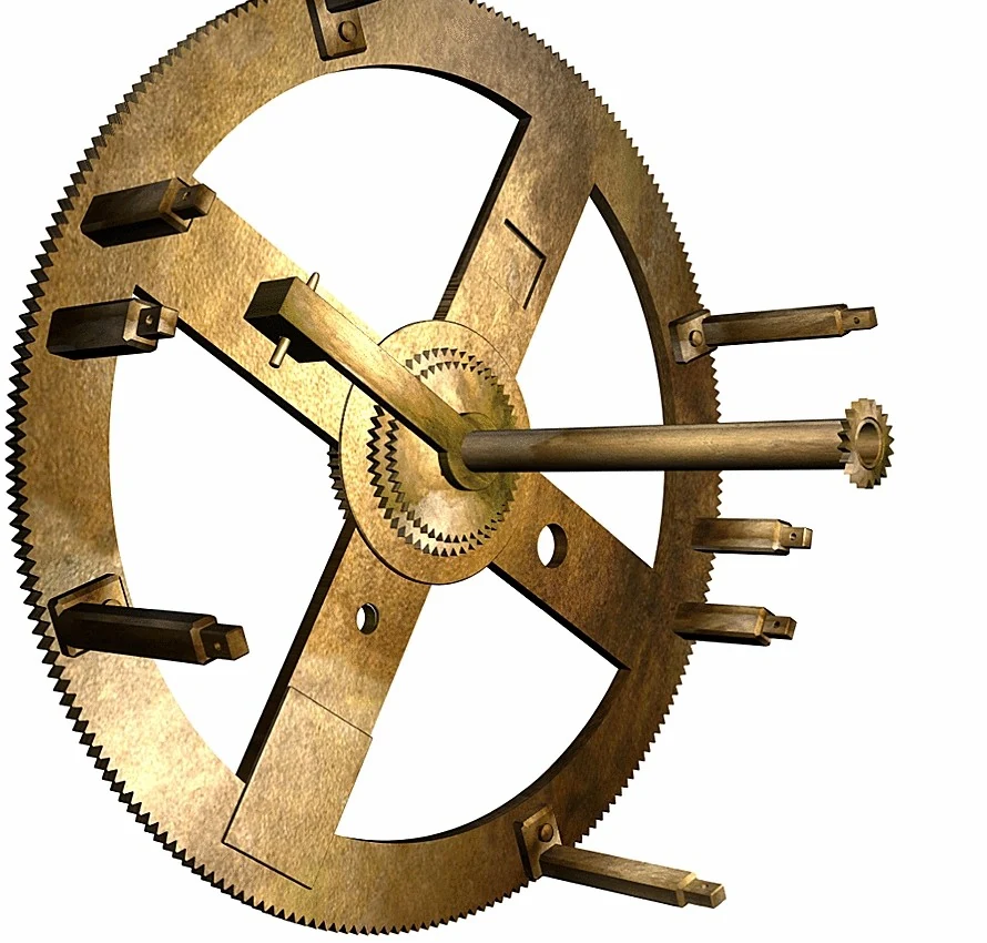 Reconstruction of the great four-spoked wheel with its triangular teeth