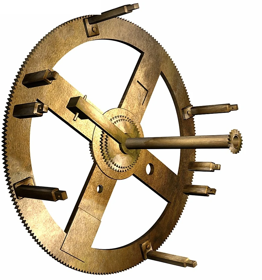 Reconstruction of the great four-spoked wheel with its triangular teeth