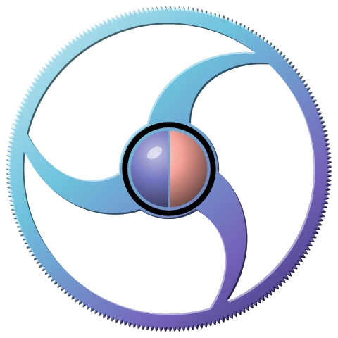 The mark's wheel with three swept spokes and the split moon